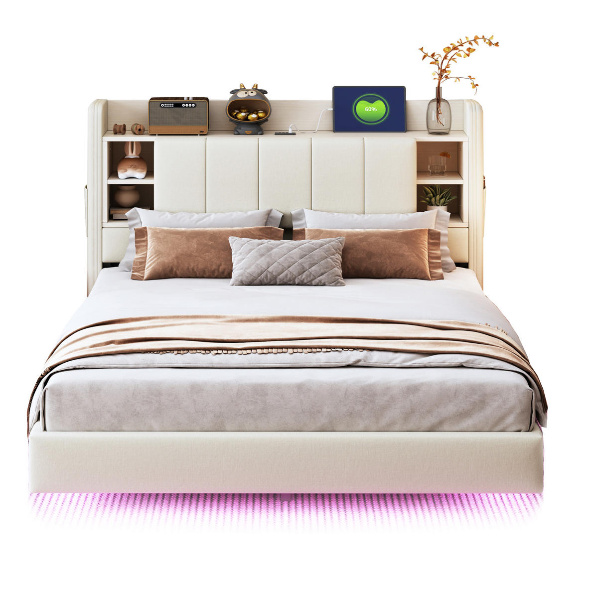 POLSTERBETT mit Stauraum, LED und USB 140x200 cm Beige - Beige, Metall (140/200cm) - Meubliv