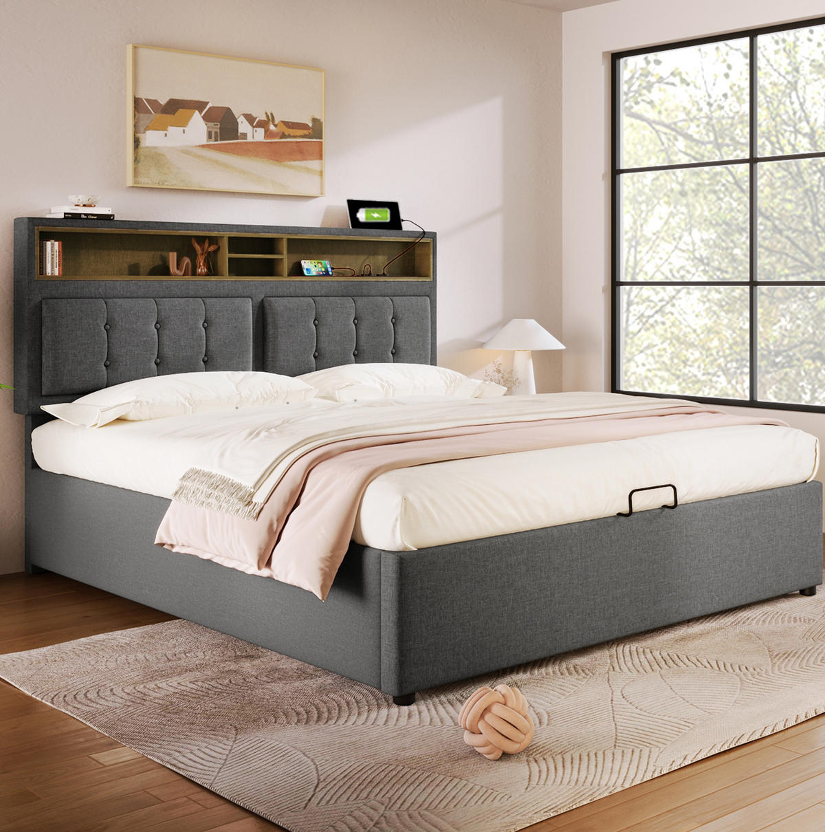 POLSTERBETT aus Leinen 160x200 cm Grau mit Matratze, Stauraum, USB-C und Steckdosen - Grau, Textil (160/200cm) - IVMEU