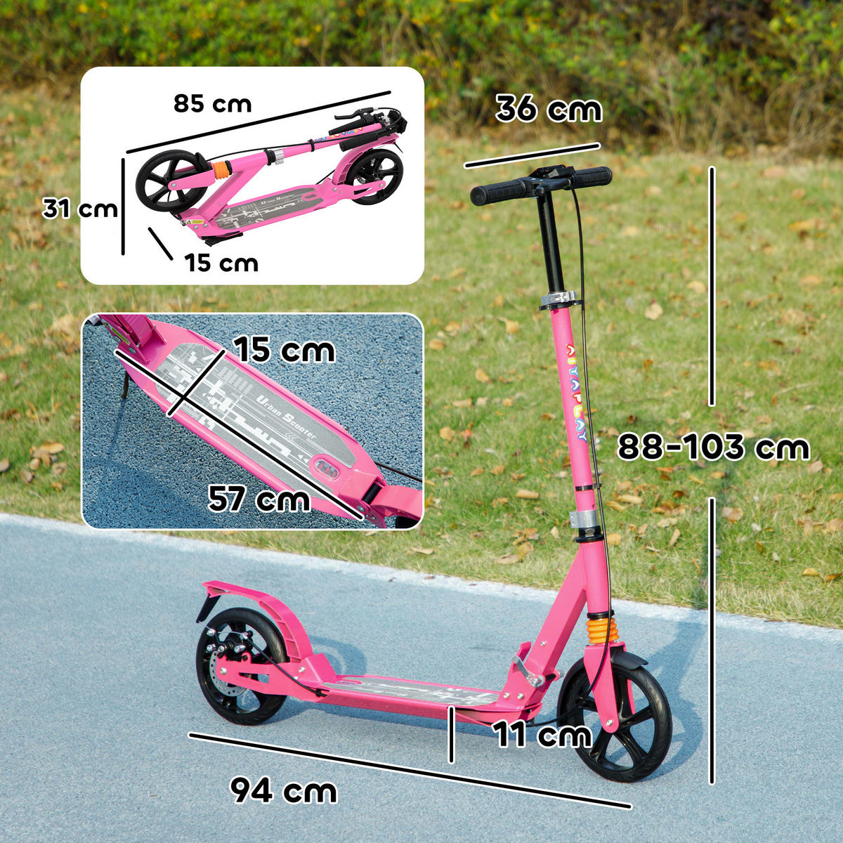 ROLLER Kinder Scooter mit verstellbar Griffen klappbar höhenverstellbar Rosa - Rosa, Metall (94/36/103cm) - AIYAPLAY