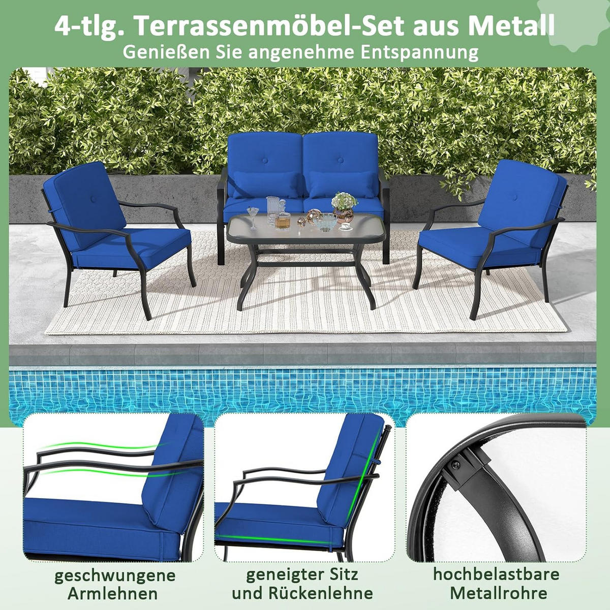 GARTENMÖBEL SET Blau(4-teilig) - Blau, Metall - COSTWAY