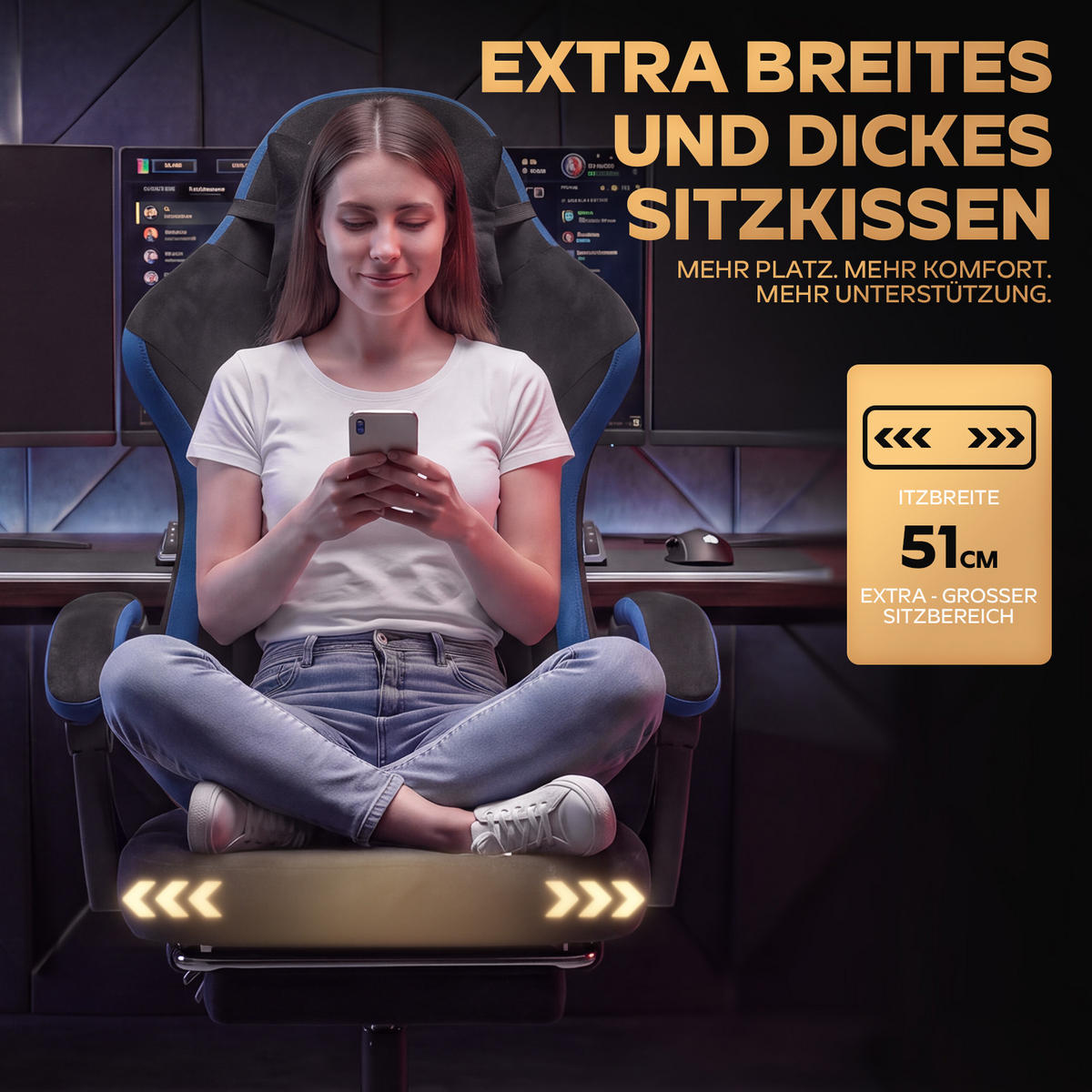 GAMINGSTUHL DE-40995 mit Nackenkissen und Rückenkissen Schwarz/Blau - Blau, Metall (58.5/120.5/63cm) - ComfortXL
