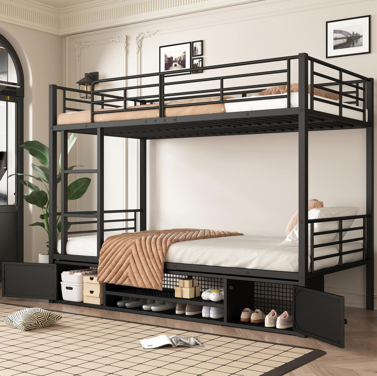 ETAGENBETT aus Metall 90x200 cm Schwarz mit Leiter, Fallschutz und Schuhablage - Schwarz, Metall (90/200cm) - Modfu