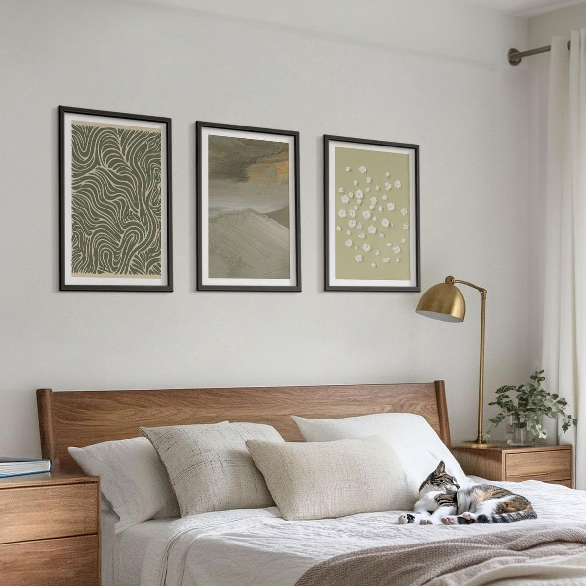 BILDER SET 3er Set - 40x60 cm Schwarzer Rahmen - Abstrakte florale Wellenmuster - Schwarz, Kunststoff (40/60cm) - TULUP