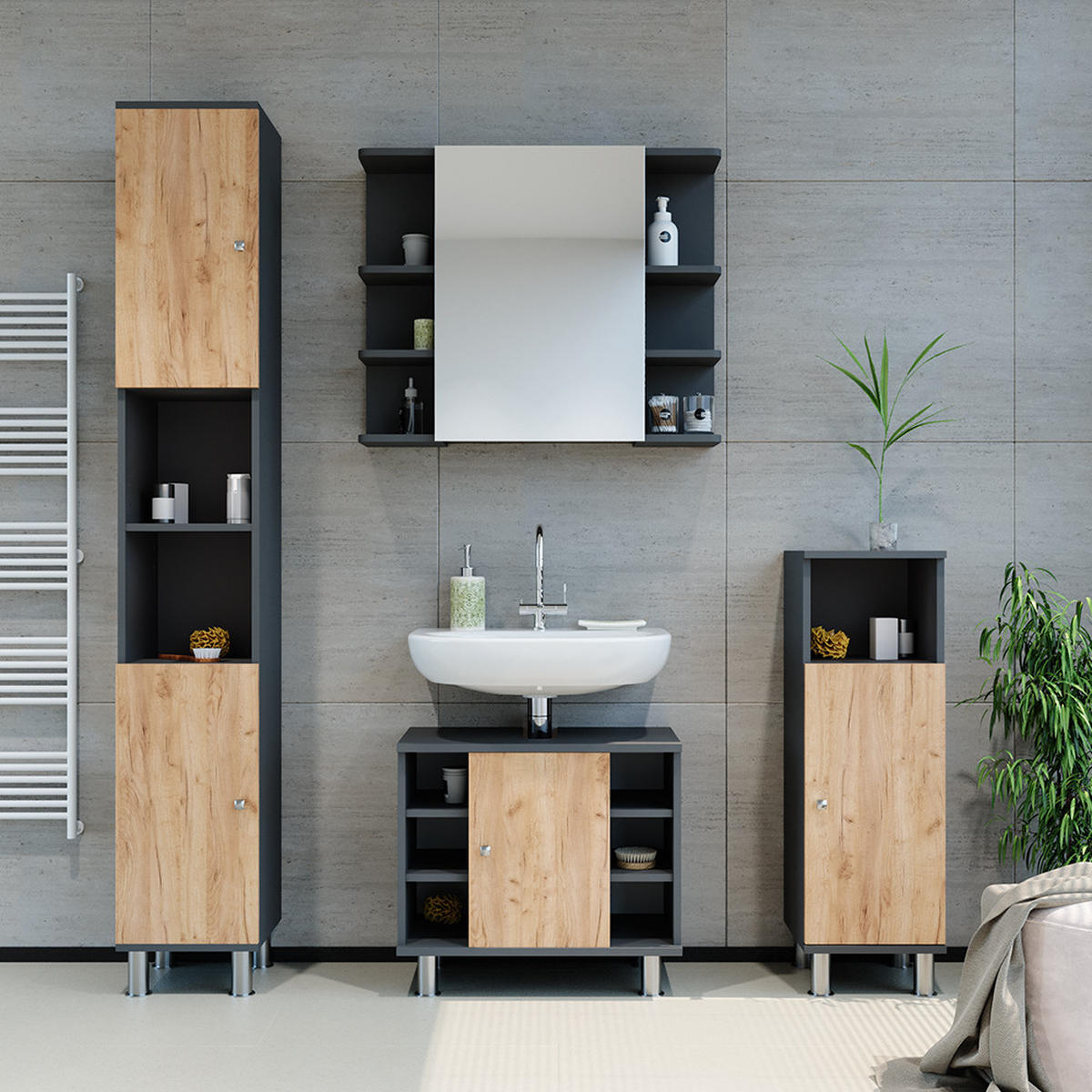BADMÖBEL-SET Fynn Anthrazit/Goldkraft Eiche 4 Teile - Honigeiche/Anthrazit, Holzwerkstoff (60/54/32cm) - Vicco