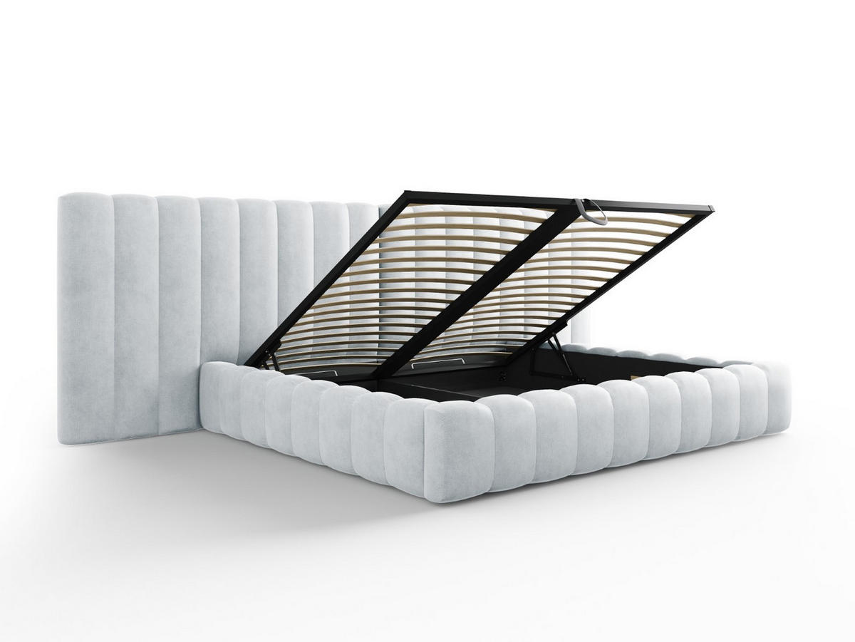 BETT mit Bettkasten und Doppelkopfteil Kelp aus strukturiertem Stoff hellgrau 200x200cm - Hellgrau, Textil (200/200cm) - Micadoni