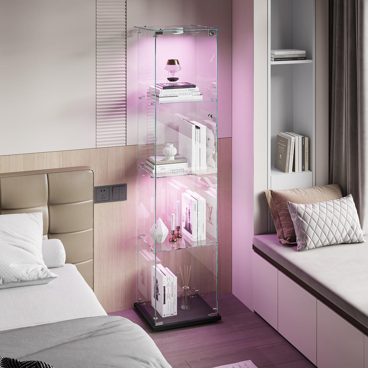 GLASVITRINE mit 1 Tür, Touch-Licht, Vitrine in Schwarz für Wohnzimmer - Schwarz, Glas (35/155/40cm) - PARAFTA HOME