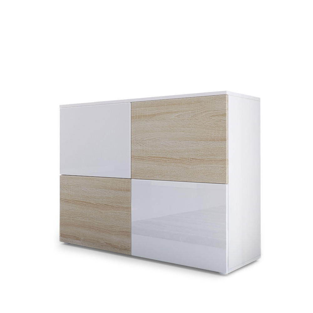 Vladon Kommode Weiß Hochglanz, Sonoma Eiche 92x72x35 cm