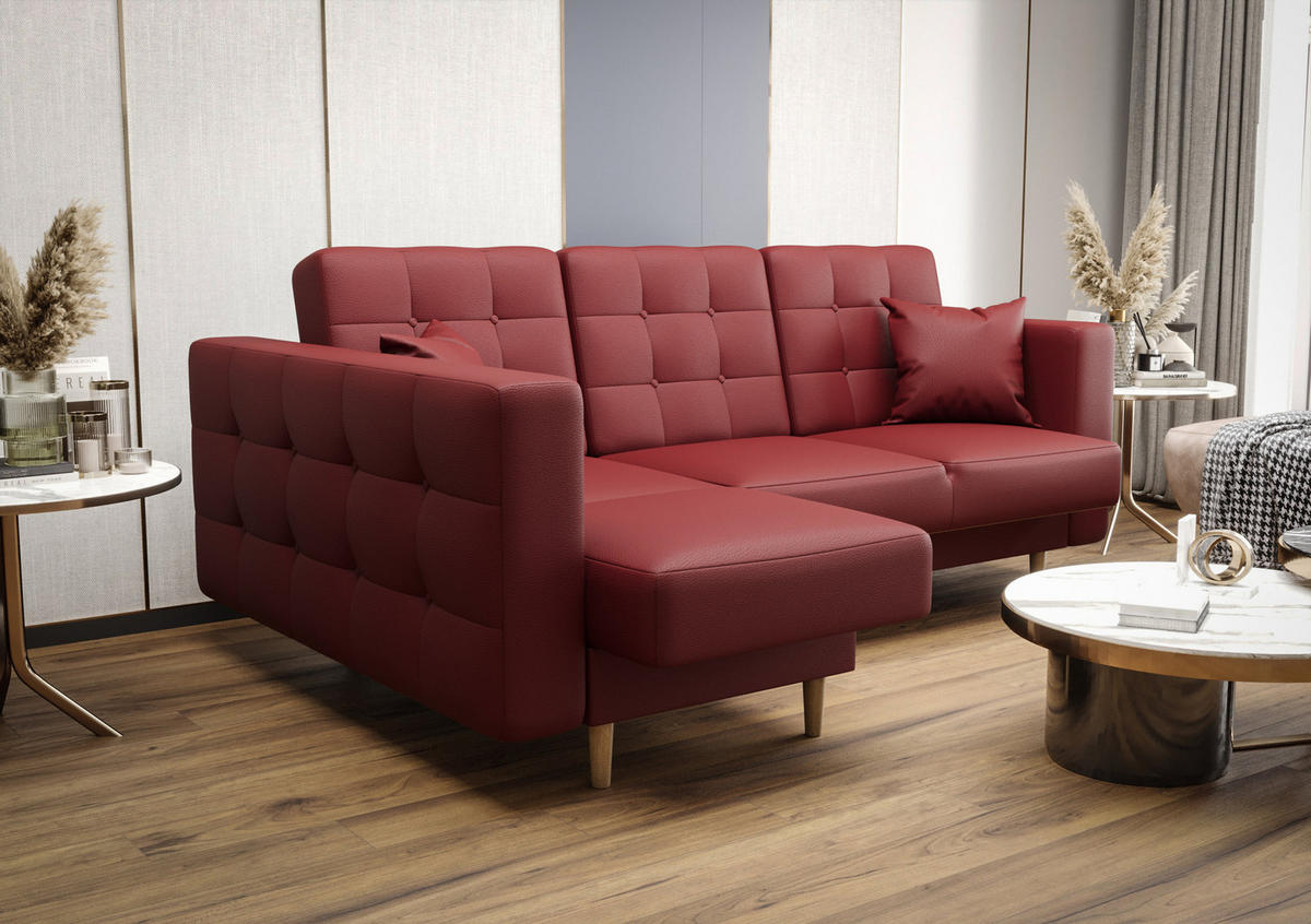 ECKSOFA KONGO RBN12, Eckcouch in L-Form mit Schlaffunktion, Farbe: Rot, Kunstleder, Ottomane Links - Rot, Textil (225/158cm) - O-Sofa