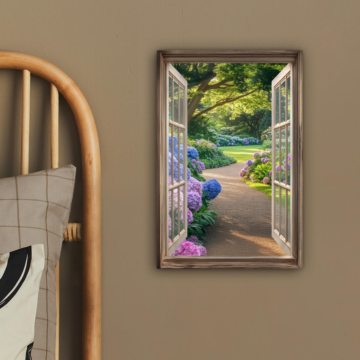 LEINWANDBILD Aussicht - Garten - Fenster - Hortensie - Blumen 20x30 cm - Pastellblau, Textil (20/30cm) - MuchoWow