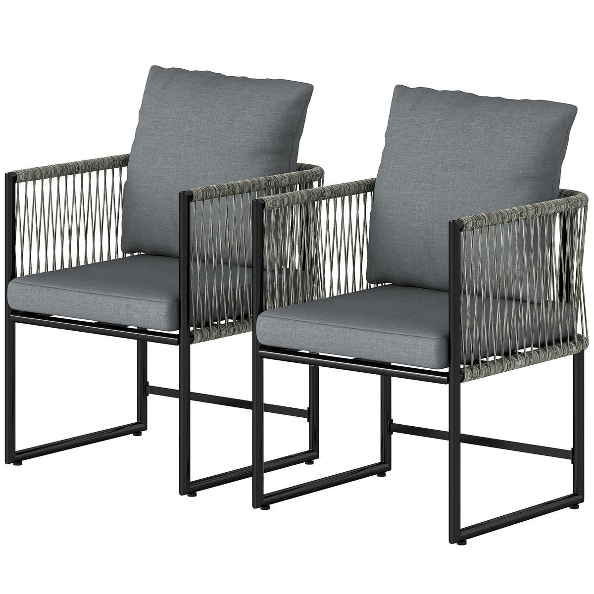 GARTENSTUHL 2er Set wetterfest Gartenstühle aus Stahl PE-Rattan mit Kissen Armlehne Rückenlehne 52x52x66 cm Dunkelgrau - Dunkelgrau, Metall (52/66/52cm)