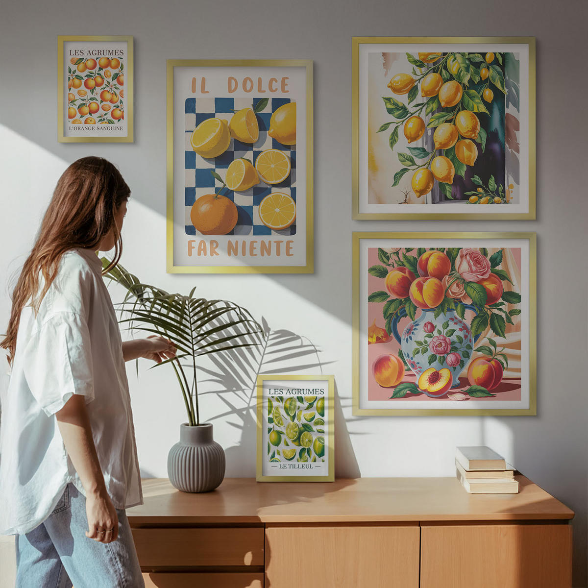 BILDER SET 5er Set - 50x50 cm & 20x30 cm & 40x60 cm Goldrahmen - Zitronenbäume im Topf - Goldfarben, Kunststoff (40/60cm) - TULUP