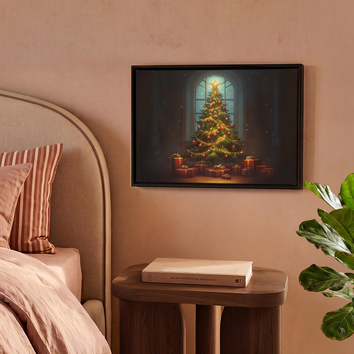 LEINWAND Bilder mit Rahmen - Weihnachtsbaum - Geschenk - Winter - 40x30 - Grün, Textil (40/30cm) - MuchoWow