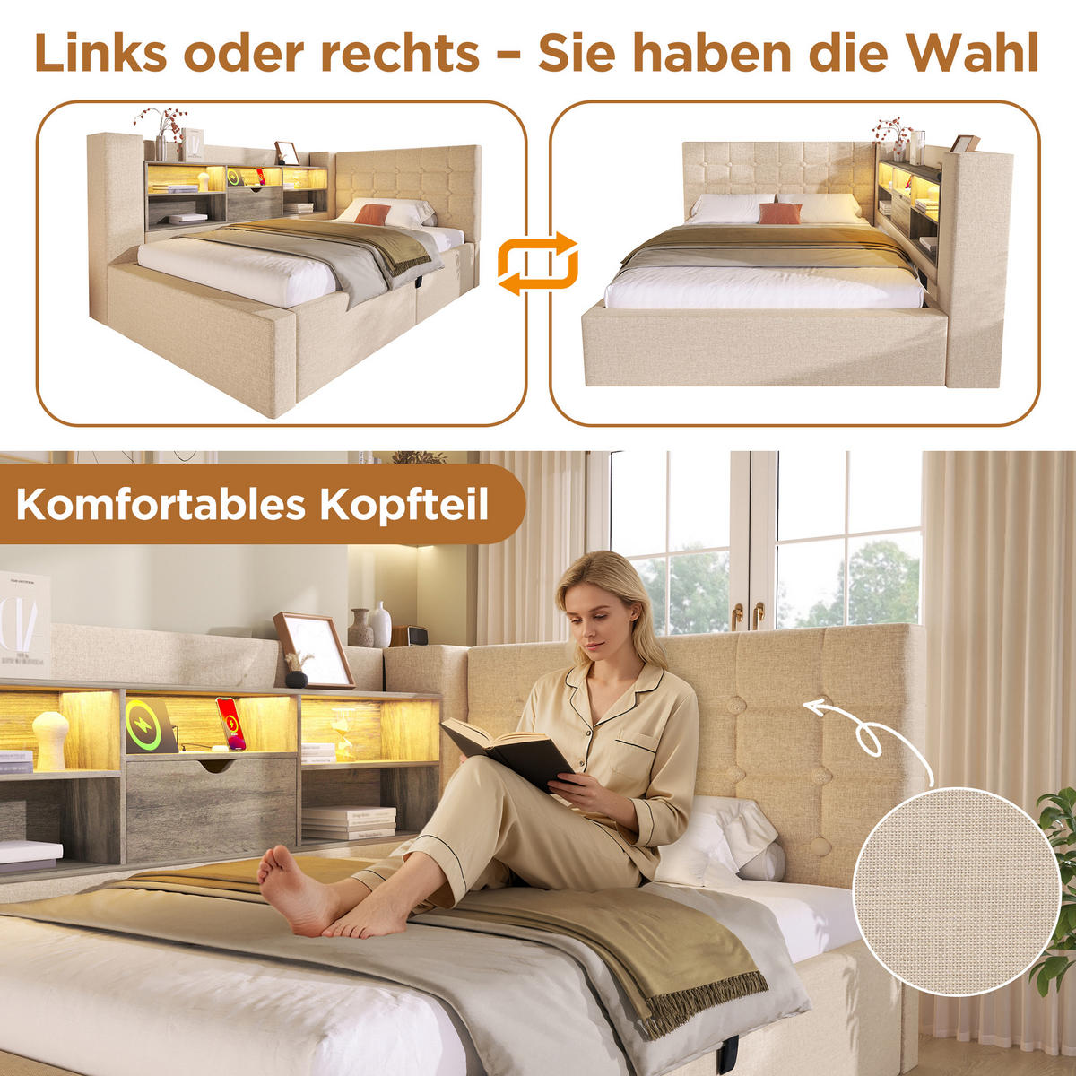 POLSTERBETT 140/190 cm Beige aus Leinen mit Stauraum Hydraulik und LED-Beleuchtung - Beige, Textil (140/190cm) - OKWISH