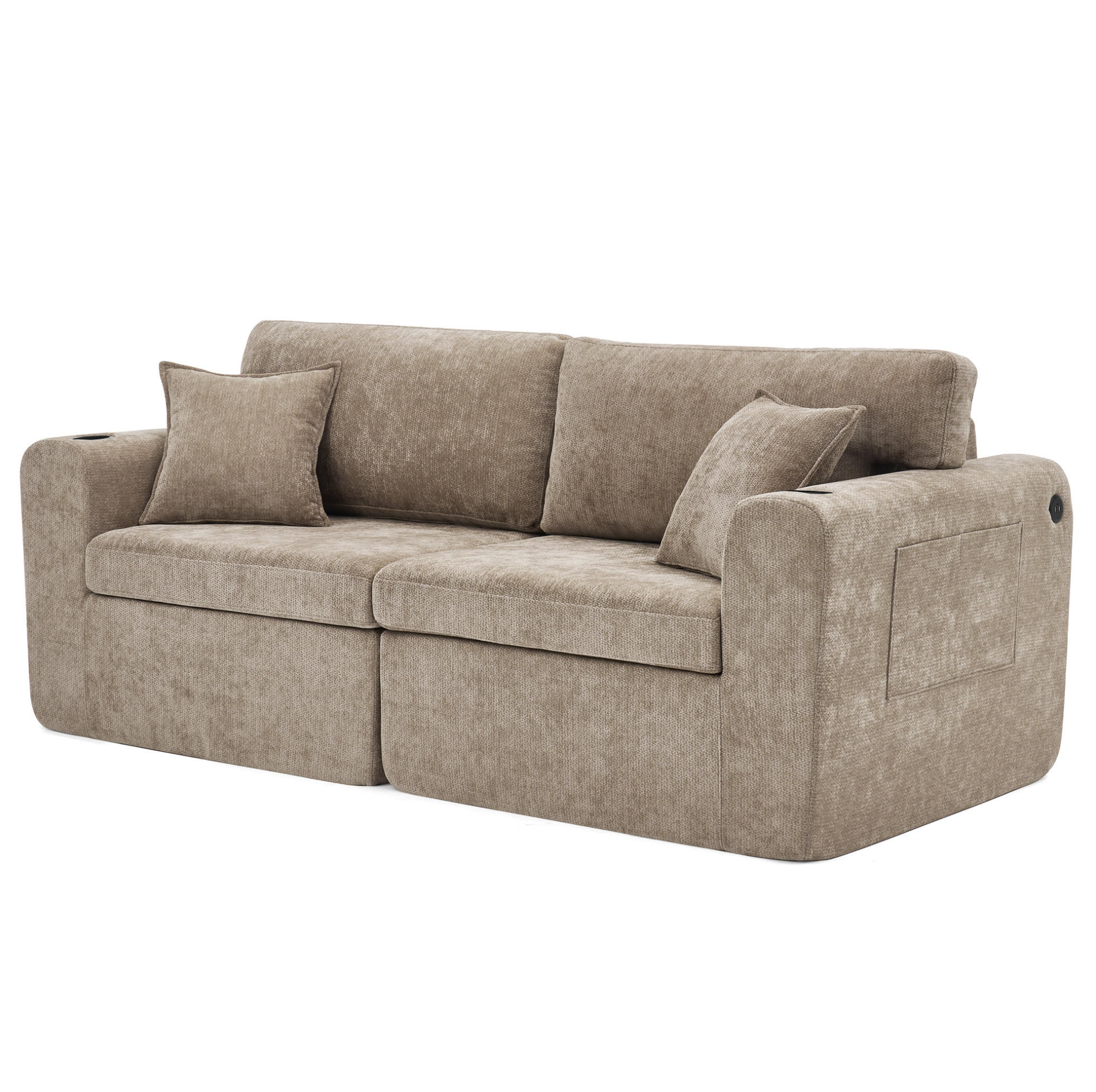 SOFA 2-Sitzer mit Getränkehalter Chenille Brown - Braun, Kunststoff (220/89/100cm) - Meubliv