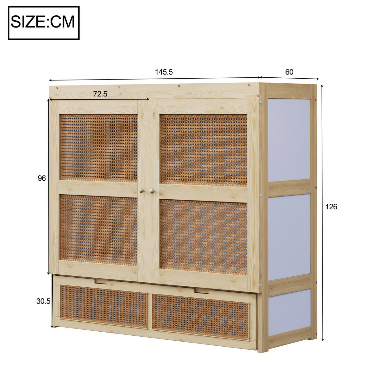 KLAPPBETT 140/200 cm in Holzfarbe mit Rattan-Design und Schubladen - Naturfarben, Holzwerkstoff (140/200cm) - Flora Grace