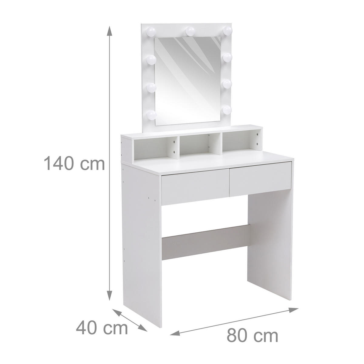 SMINKBORD Vitt med spegel - Vit, Glas/Träbaserade material (80/140/40cm) - Relaxdays