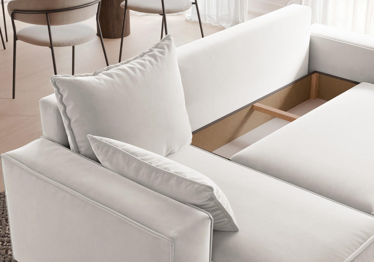 ECKSOFA Tobi mit Bettkasten und Schlaffunktion, L-Form, Velourstoff, Universal - Weiß, Holzwerkstoff (246/145cm) - 4ALL HOME