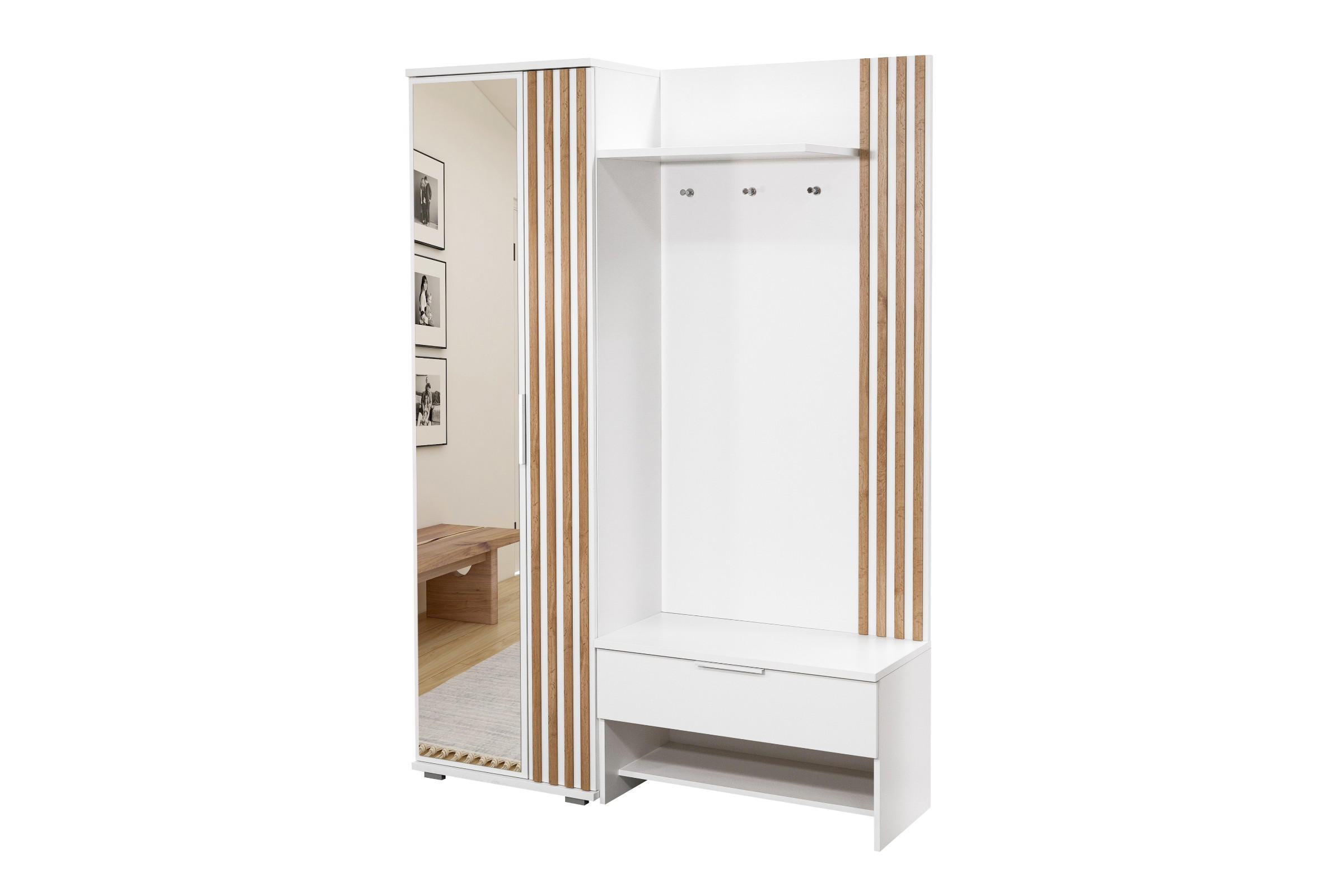 GARDEROBE MILANO 140/200 in Weiß matt mit Lamellen - Eichefarben/Weiß, Holzwerkstoff (140/200/40cm) - Deine Möbel 24