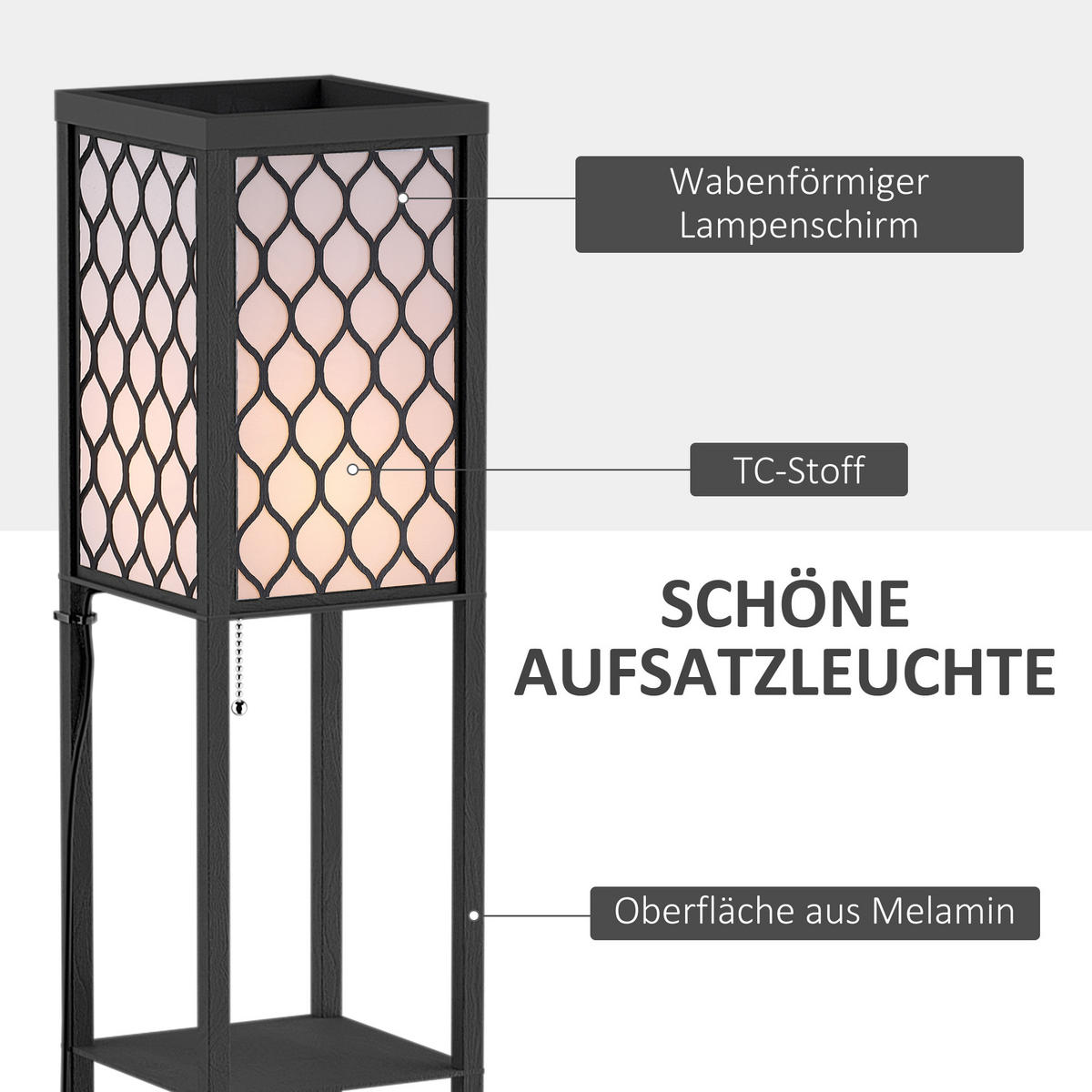 STEHLEUCHTE Beleuchtung mit 3 Regalen E27 bis 40W für Wohn-/Schlafzimmer Holz - Schwarz, Glas (26/26/160cm) - HOMCOM