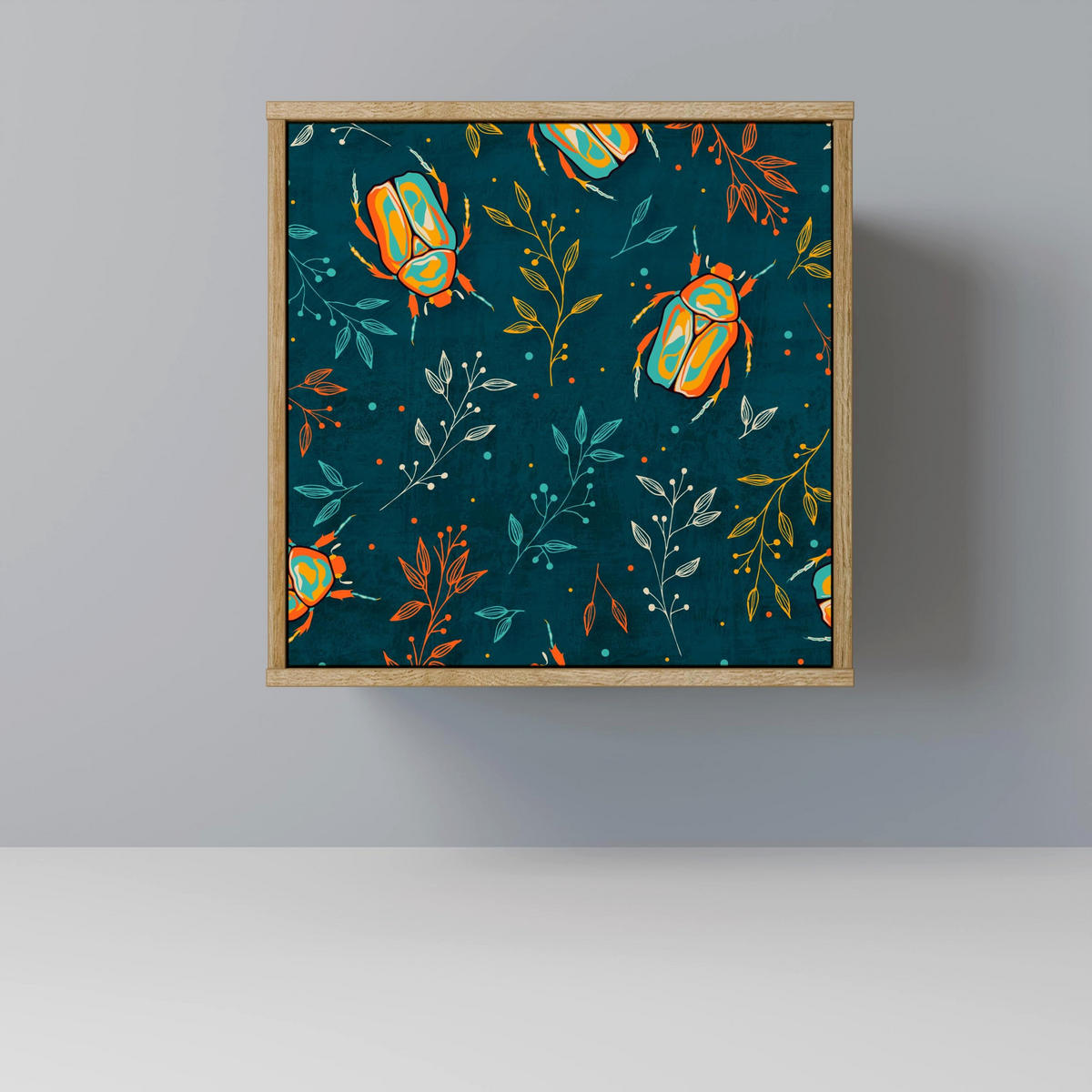 SIDEBOARD AUTUMN INSECTS, Eichefarben, 57,5x42x70,5 cm, Schwarze Metall-Sternfüße - Eichefarben/Multicolor, Holzwerkstoff/Metall (57.5/70.5/42cm) - SpaceRebels