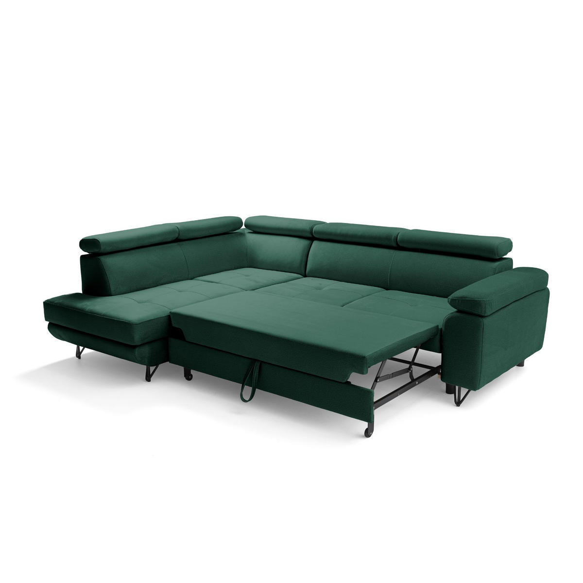 ECKSOFA JUNIOR L Links mit Schlaffunktion 194x128 Velours Dunkelgrün - Dunkelgrün/Schwarz, Holz/Textil (249/184cm) - Muffo