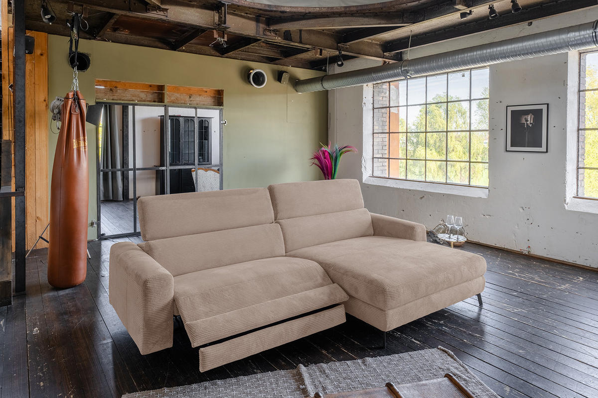 ECKSOFA LAISKA Taupe Cord Relaxfunktion - Taupe/Schwarz, Textil/Metall (282/177cm) - KAWOLA