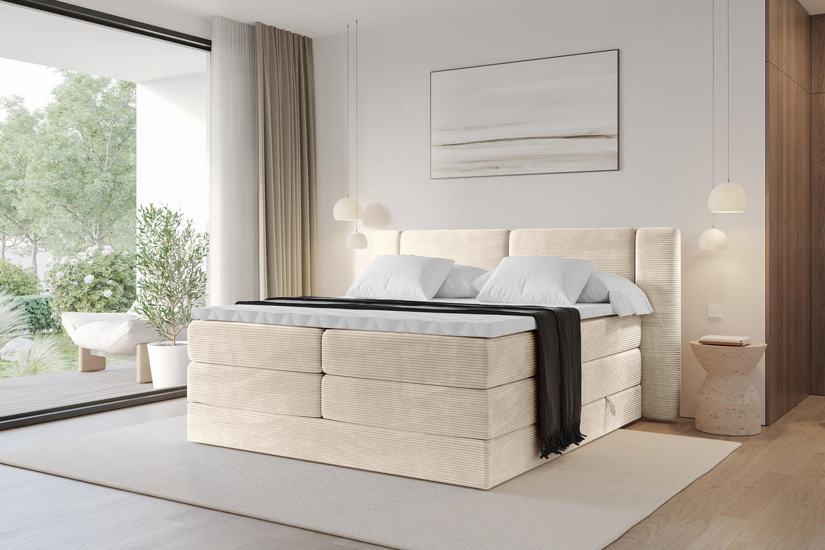 BOXSPRINGBETT mit Matratze H3/H4 - EVON KING - 140x200 cm Beige - Ecru, Holzwerkstoff (140/200cm) - ALTDECOR