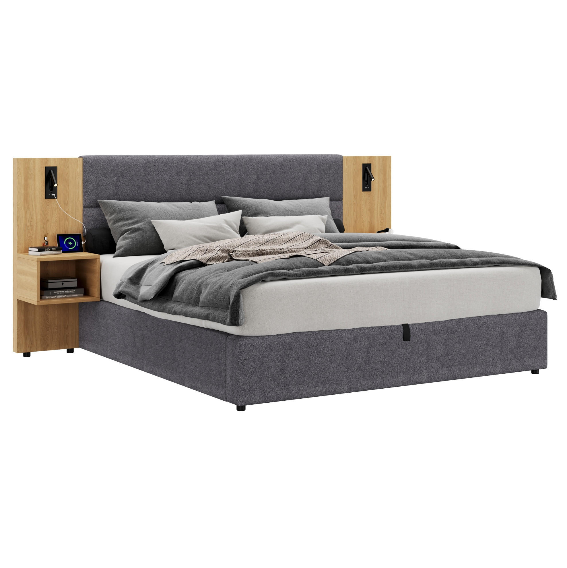 POLSTERBETT 180/200 cm Grau/Natur Samt mit hydraulischem Bettkasten und LED-Beleuchtung mit USB- und Type-C-Anschlüssen - Grau, Textil (180/200cm) - OKWISH