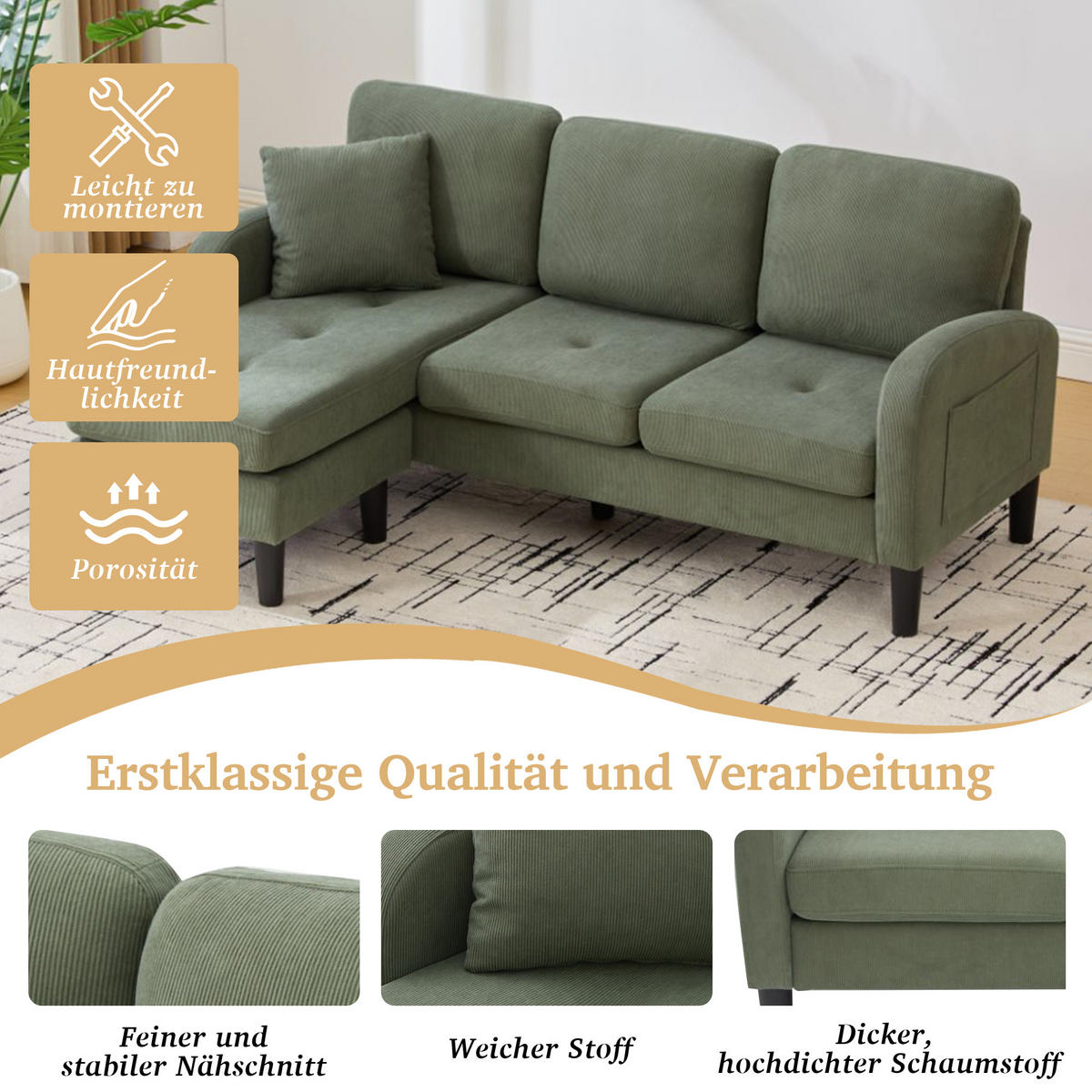 ECKSOFA L-Form Cordbezug mit modularer Chaiselongue Grün 166/118/77 cm - Grün, Textil (166/118cm) - Redom