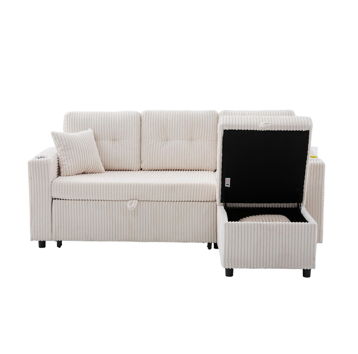 SCHLAFSOFA aus Cord 196x82-144x85 cm Beige mit Stauraum, USB-C, LED-Beleuchtung, Getränkehaltern und Ausziehfunktion - Beige, Textil (82/85/196cm) - Modfu