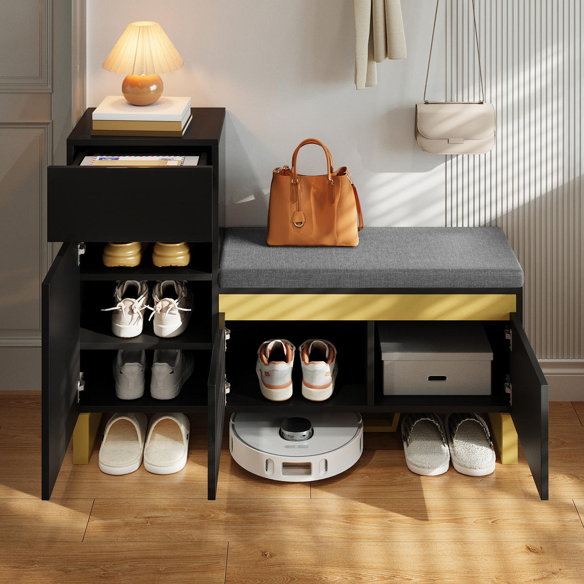 SCHUHSCHRANK Mehrstöckig Stauraum Organizer Schubladen Türen - Schwarz, Holzwerkstoff (35/85/120cm) - FLIEKS