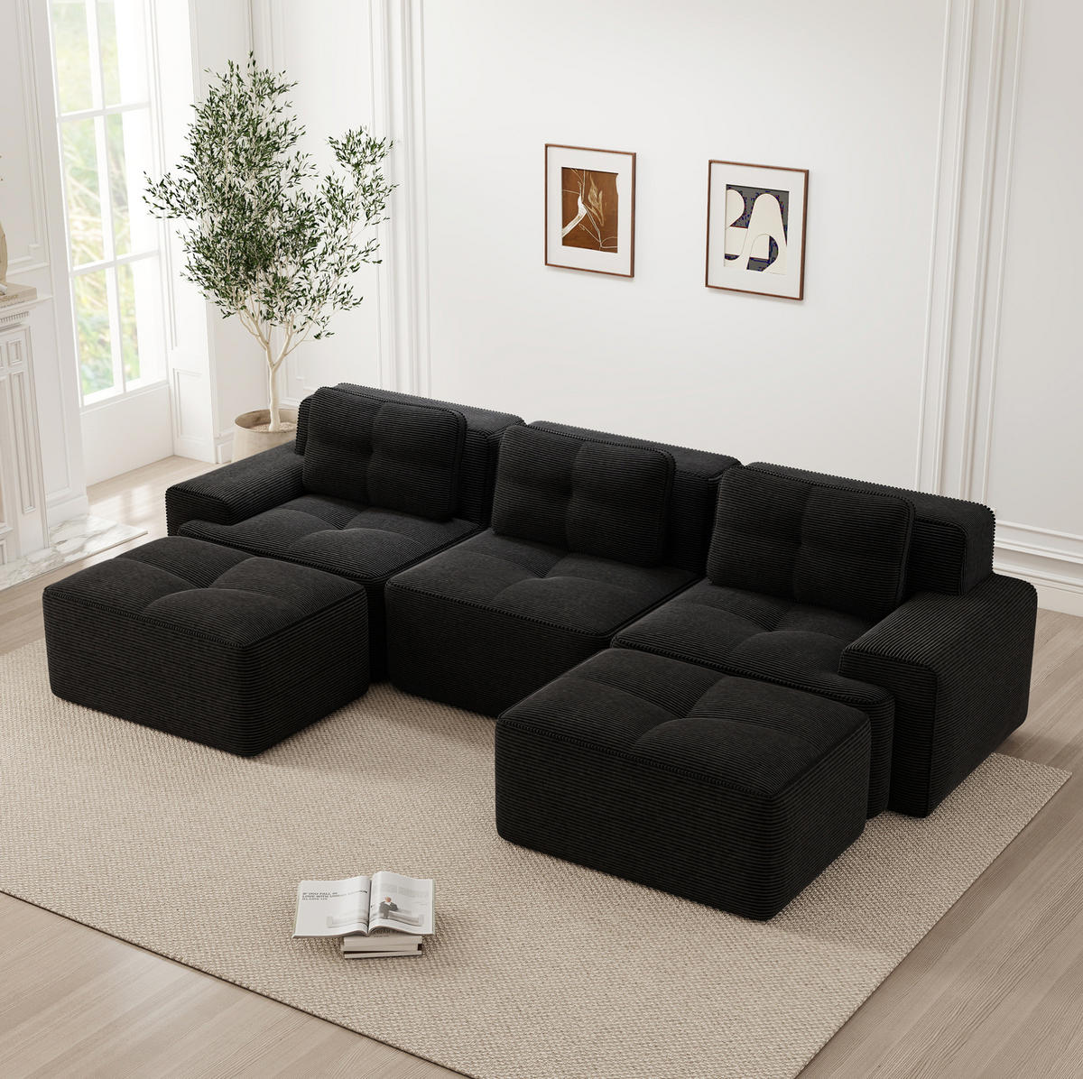ECKSOFA 293/104/69 cm schwarz aus Cord mit Tiefsitz und montagefrei - Schwarz, Textil (177/293cm) - OKWISH