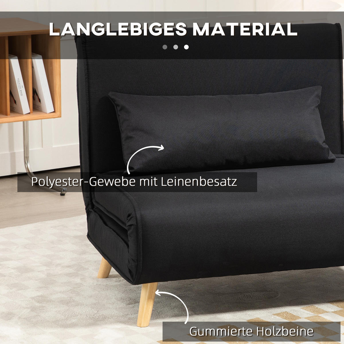 SCHLAFSESSEL, 2-in-1 Schlafsofa mit Bettfunktion, Zierkissen bis 350 kg Schwarz - Schwarz/Naturfarben, Holz/Textil (78/80/94cm) - HOMCOM