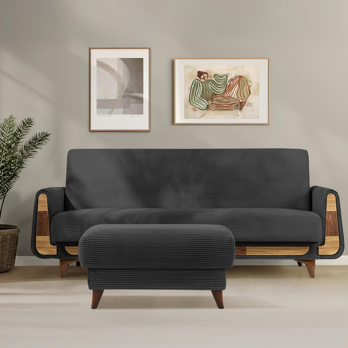 HOCKER GUSTAVO II, Dunkelgrau - Dunkelgrau/Braun, Holz/Holzwerkstoff (92/49/92cm) - KONSIMO®