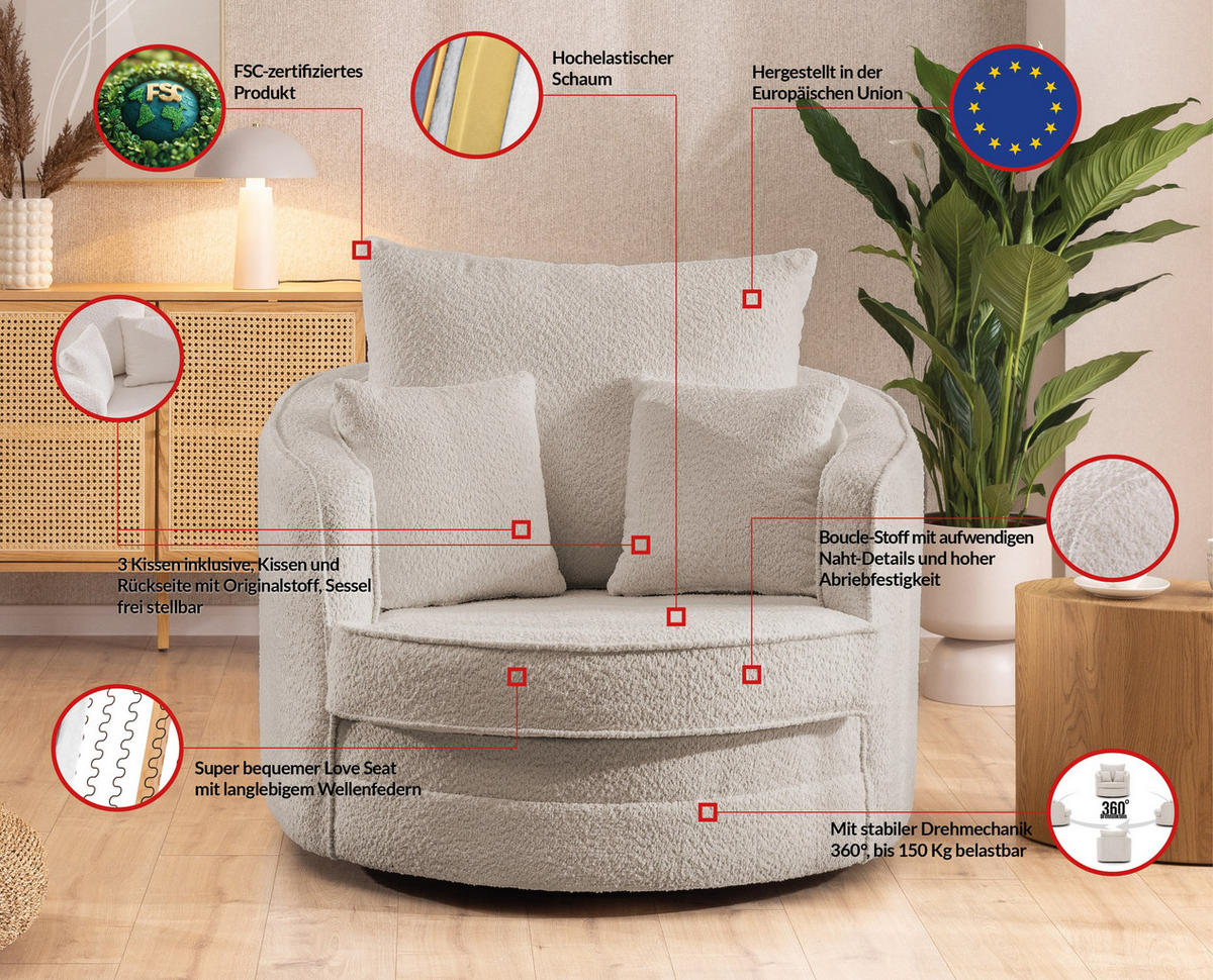 DREHSESSEL Ted aus Beige Boucle-Stoff - Beige/Schwarz, Holz/Textil (107/94/100cm) - S-Style Möbel