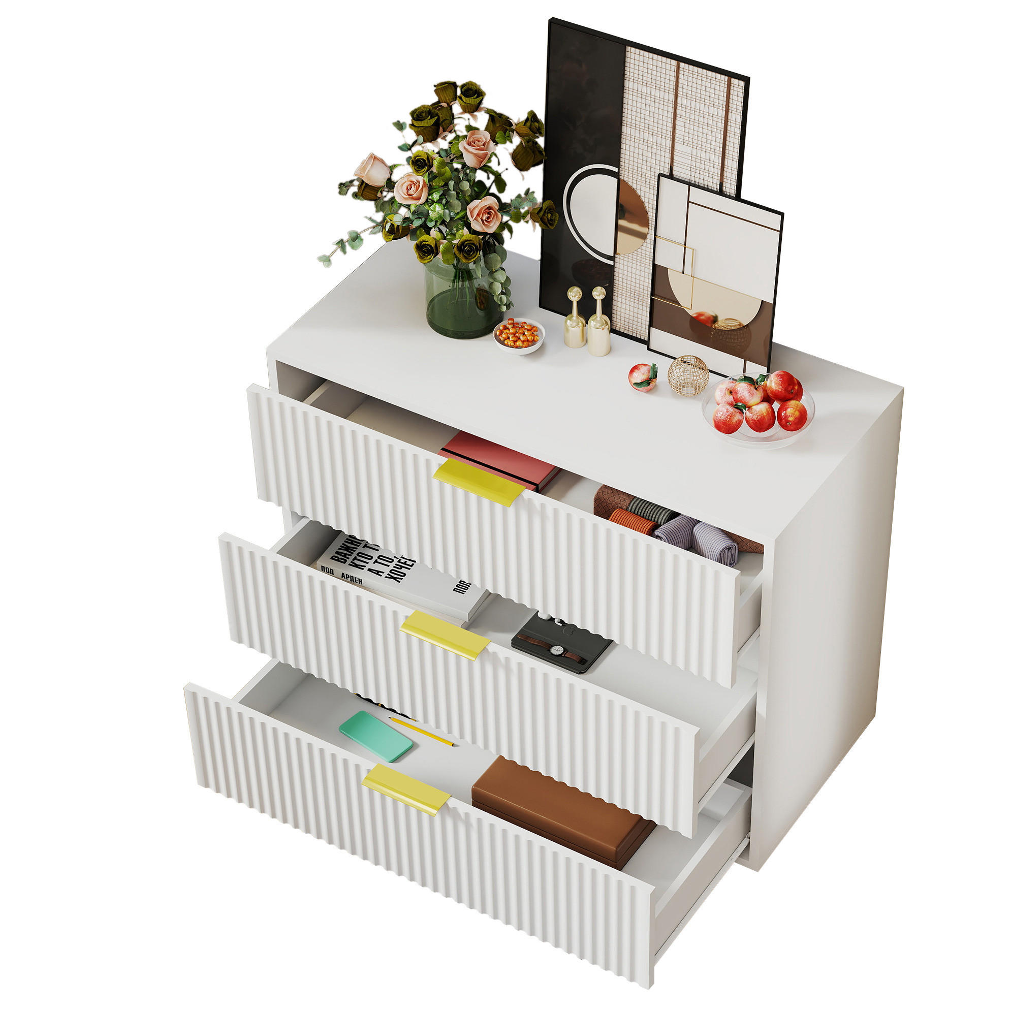 Modfu KOMODA z MDF 80x72x40 cm bílá se 3 zásuvkami a zlatými úchyty