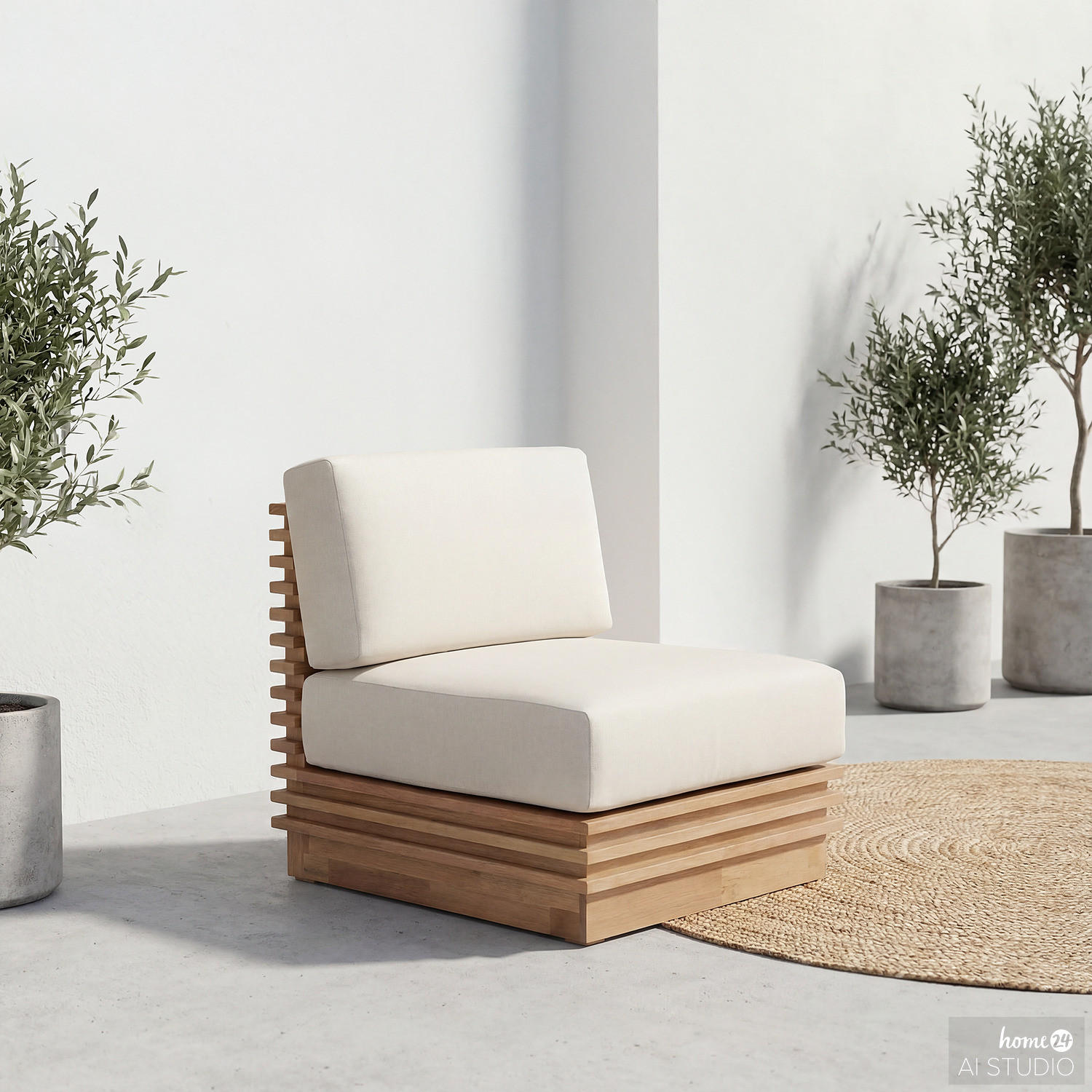 LOUNGESESSEL - Akazie massiv / Webstoff - Braun / Grau - Beige, Holz/Textil (75/64/75cm) - home24