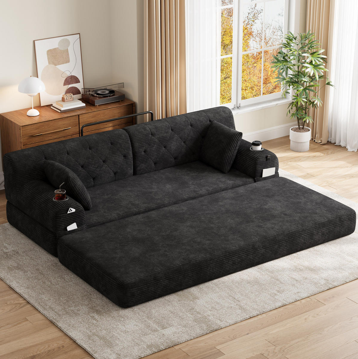 SCHLAFSOFA mit Schlaffunktion 208 x 80 cm Cord Schwarz - Schwarz, Textil (208/81/80cm) - IVMEU