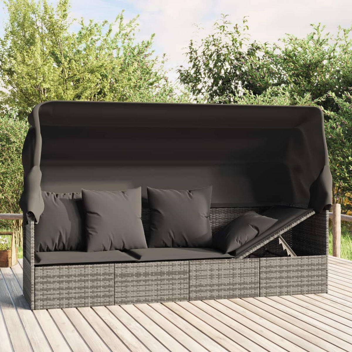 OUTDOOR-LOUNGEBETT mit Dach und Kissen Grau Poly Rattan - Grau, Kunststoff (203/56/58cm) - furnicato