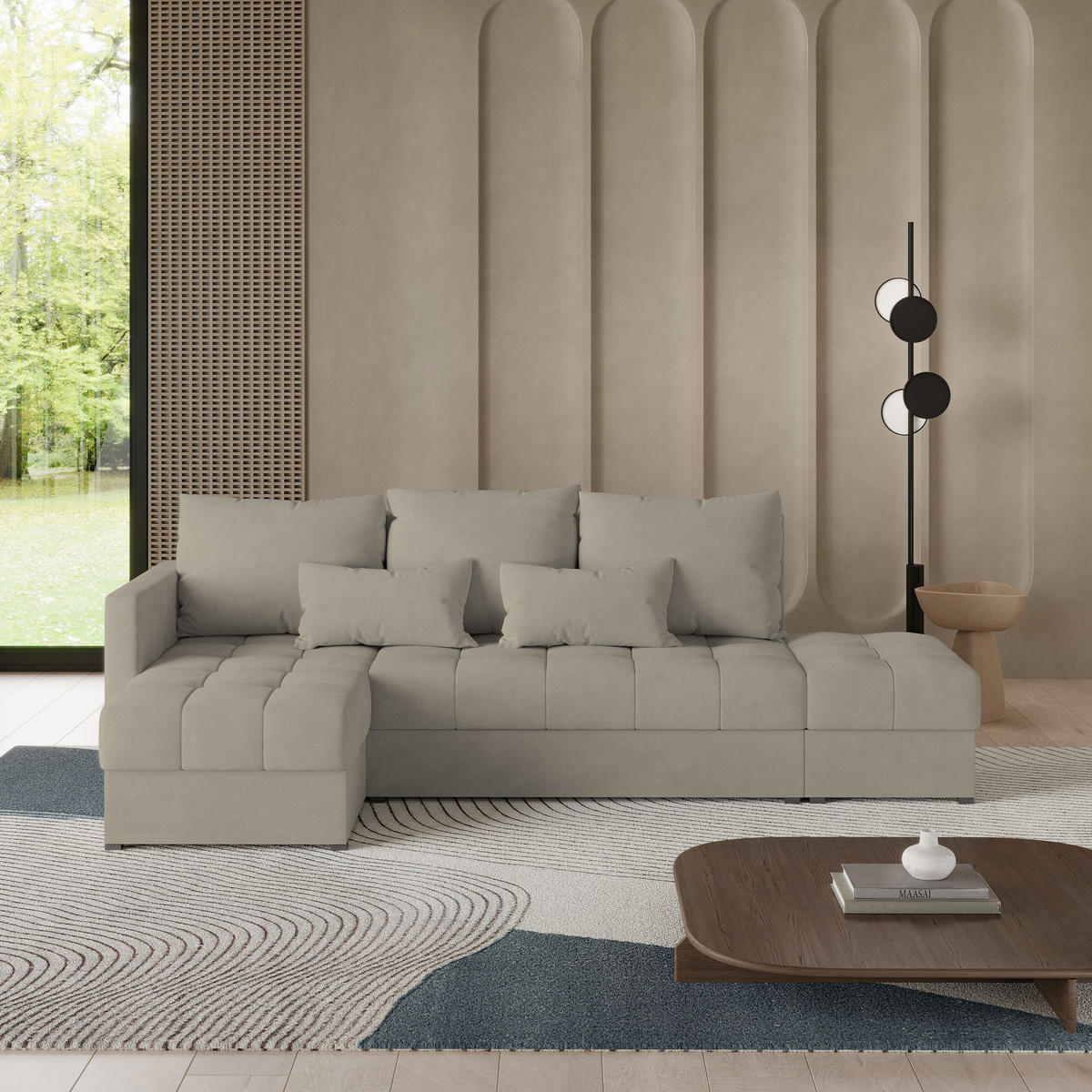 ROHOVÁ SEDAČKA LUMARI béžová - šedá/béžová, dřevo/textil (261/143cm) - MASSENO