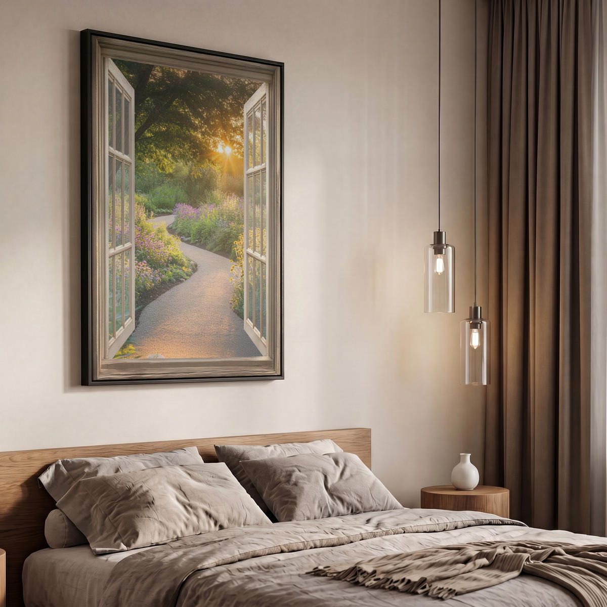 LEINWAND Bilder mit Rahmen - Aussicht - Blumen - Natur - Sonne - Weg - 60x90 - Hellgelb, Textil (60/90cm) - MuchoWow