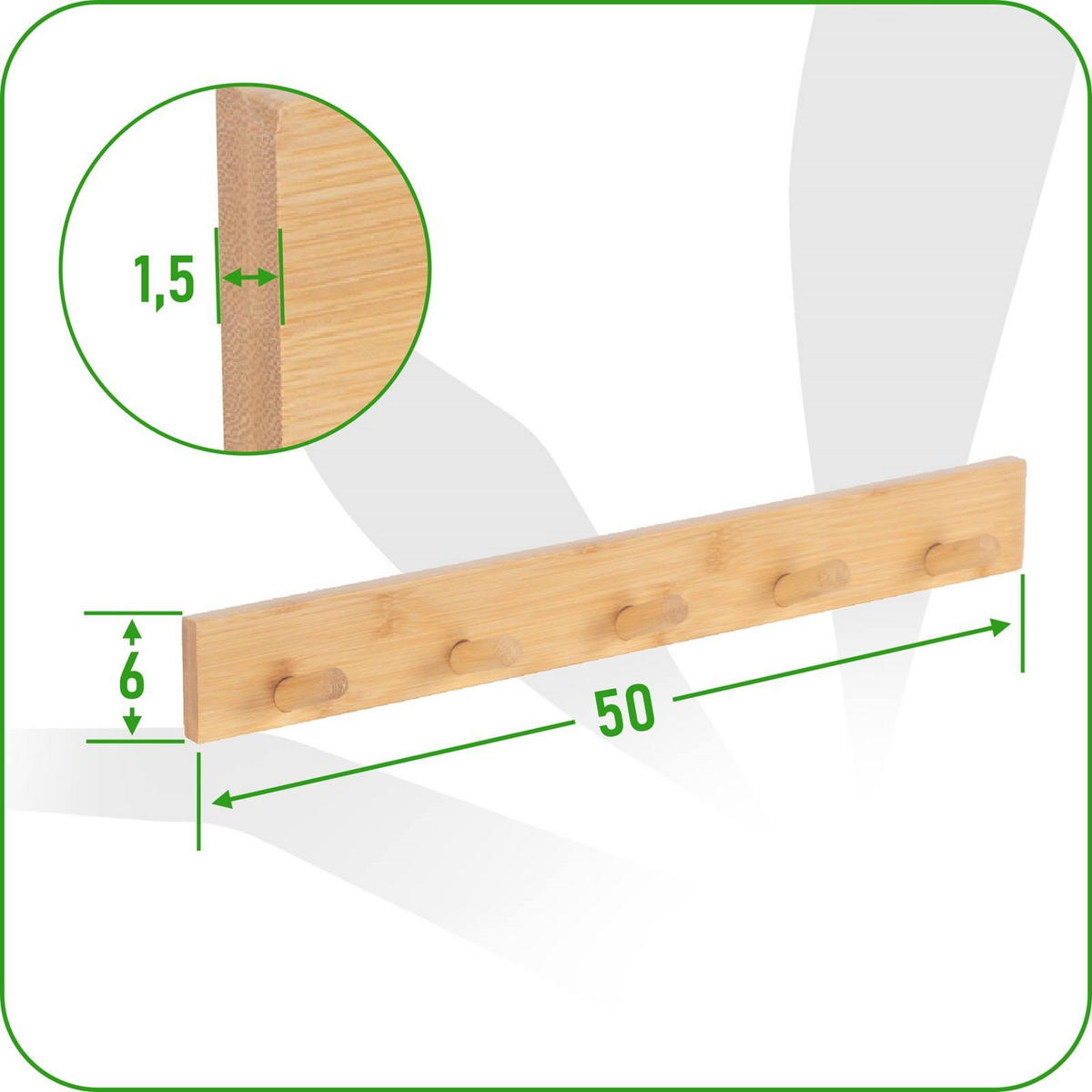 WANDGARDEROBE Bambus Natur 5 Haken 50x1,5x6 cm - Naturfarben, Naturmaterialien (50/5.5/6cm) - Begryf
