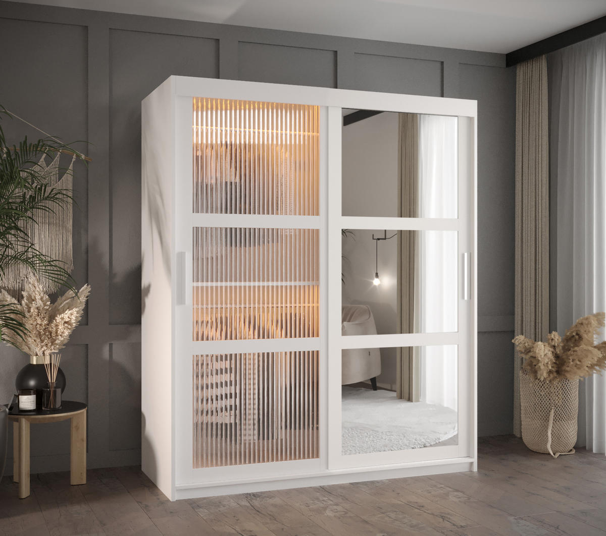 SCHWEBETÜRENSCHRANK 200/150/62 2-türig - Silberfarben/Weiß, Holz/Kunststoff (150/200/62cm) - Abiks Möbel