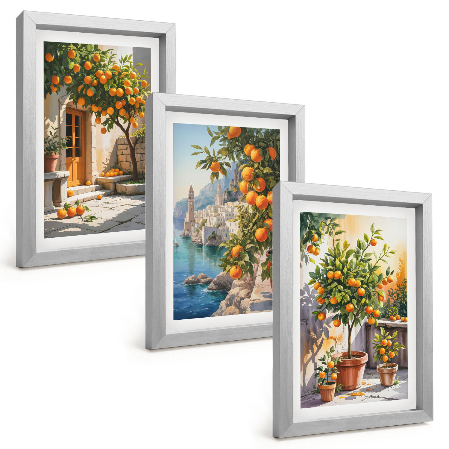 BILDER SET 3er Set - 20x30 cm Silberner Rahmen - Gemalte Zitruslandschaften - Silberfarben, Kunststoff (20/30cm) - TULUP