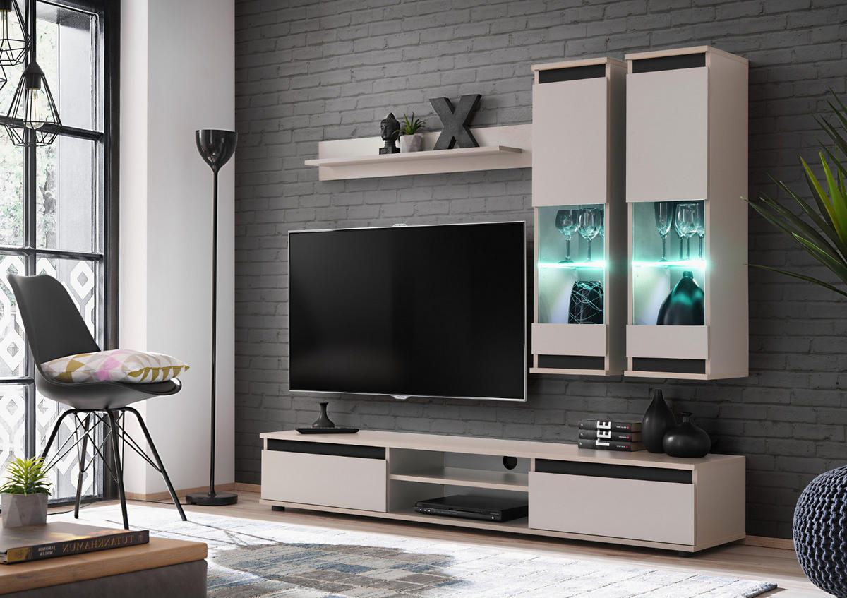 WOHNWAND Kaschmir, schwarz 4-teilig 175 cm, Schrankwand mit LED-Beleuchtung - Kaschmir/Schwarz, Glas/Holzwerkstoff (175/150/37cm) - Inn.Furn