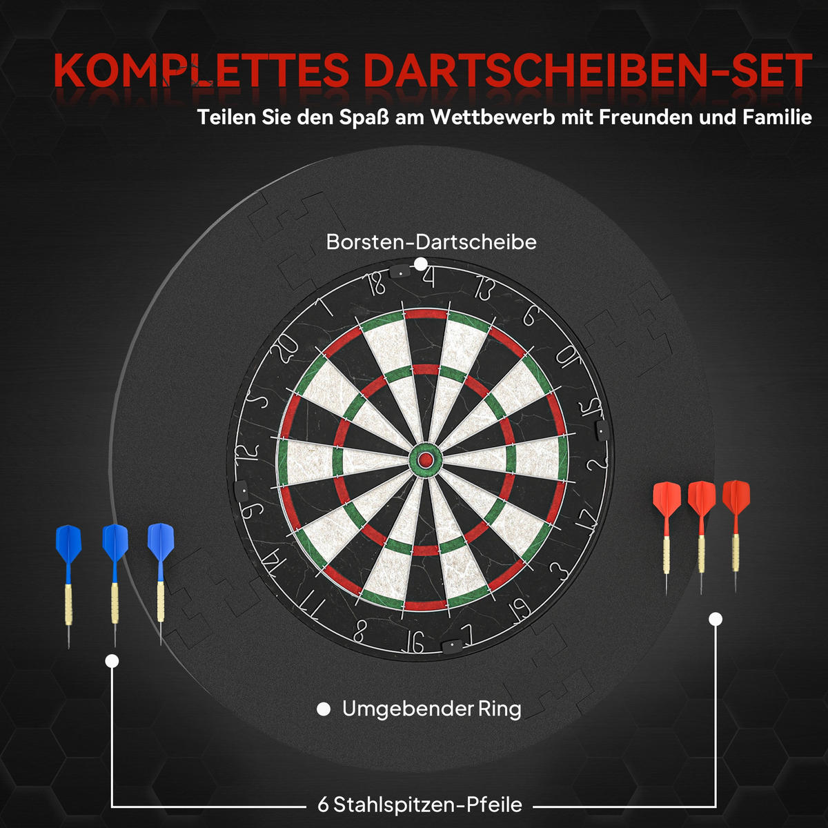 DARTSCHEIBE DE-10828 mit Schutzring & 6 Stahlspitzen-Darts Schwarz - Schwarz, Kunststoff (71.5/71.5cm) - ComfortXL