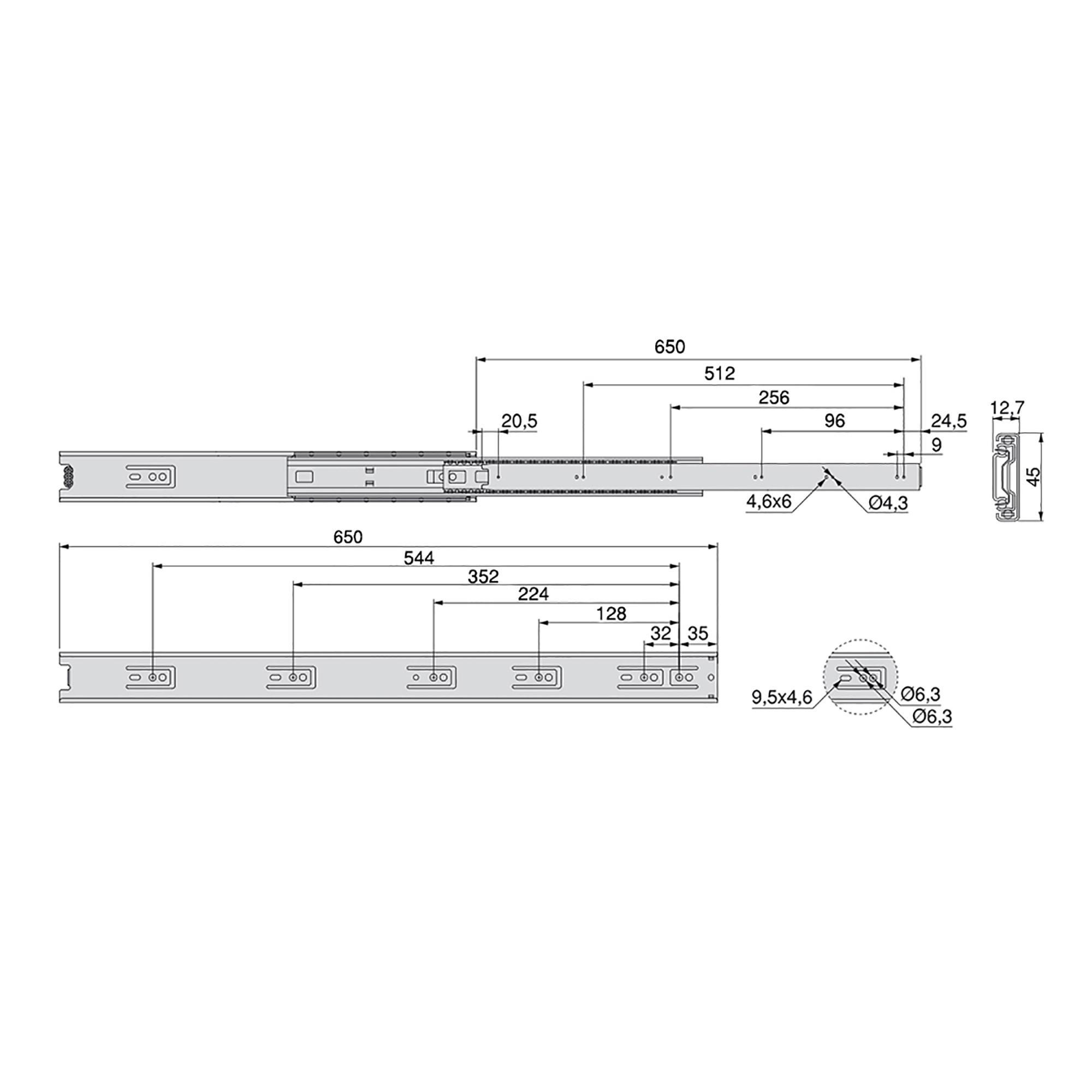 KORPUSSCHIENEEN Kugelgelagerter für Schubladen mit Vollauszug, Höhe 45mm, L650mm, Stahl, Verzinkt - Zinkfarben, Metall (1.27/5/65cm) - EMUCA
