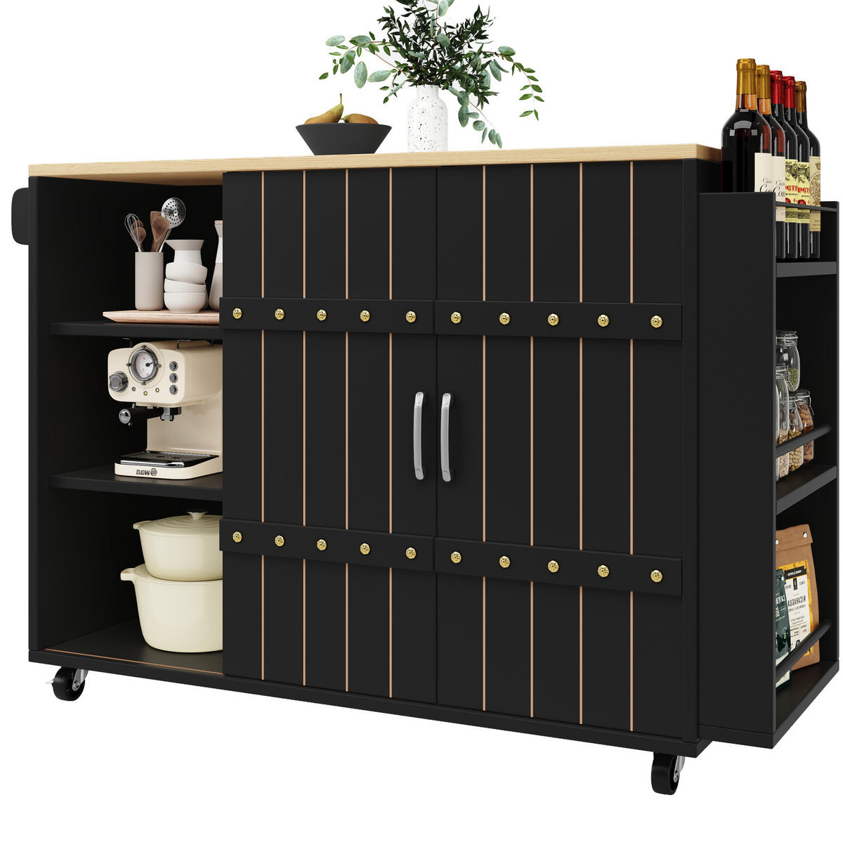 KÜCHENINSEL 110/42/90 cm schwarz mit Klapptisch mit Schiebetüren und Schubladen - Schwarz, Holzwerkstoff (110/90/42cm) - OKWISH