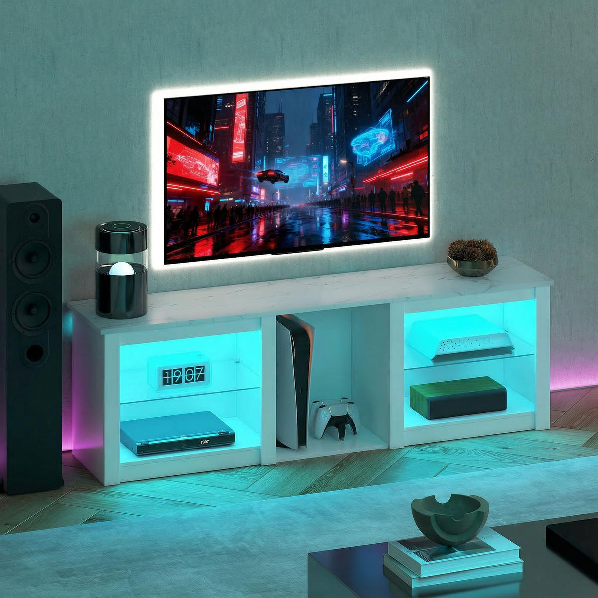 TV-LOWBOARD Weiß 160/35/51,7 cm, LED-Beleuchtung, Glasböden - Weiß, Holzwerkstoff (160/51.7/35cm) - PANGIVO