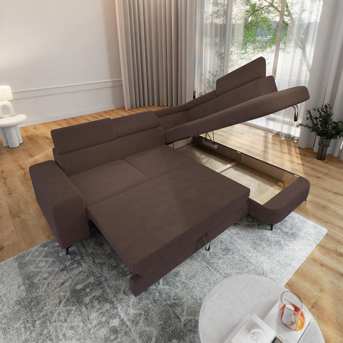 ECKSOFA ALVORO R-S Braun Boucle-Stoff mit Schlaffunktion - Braun, Holz (253/190cm) - MASSENO